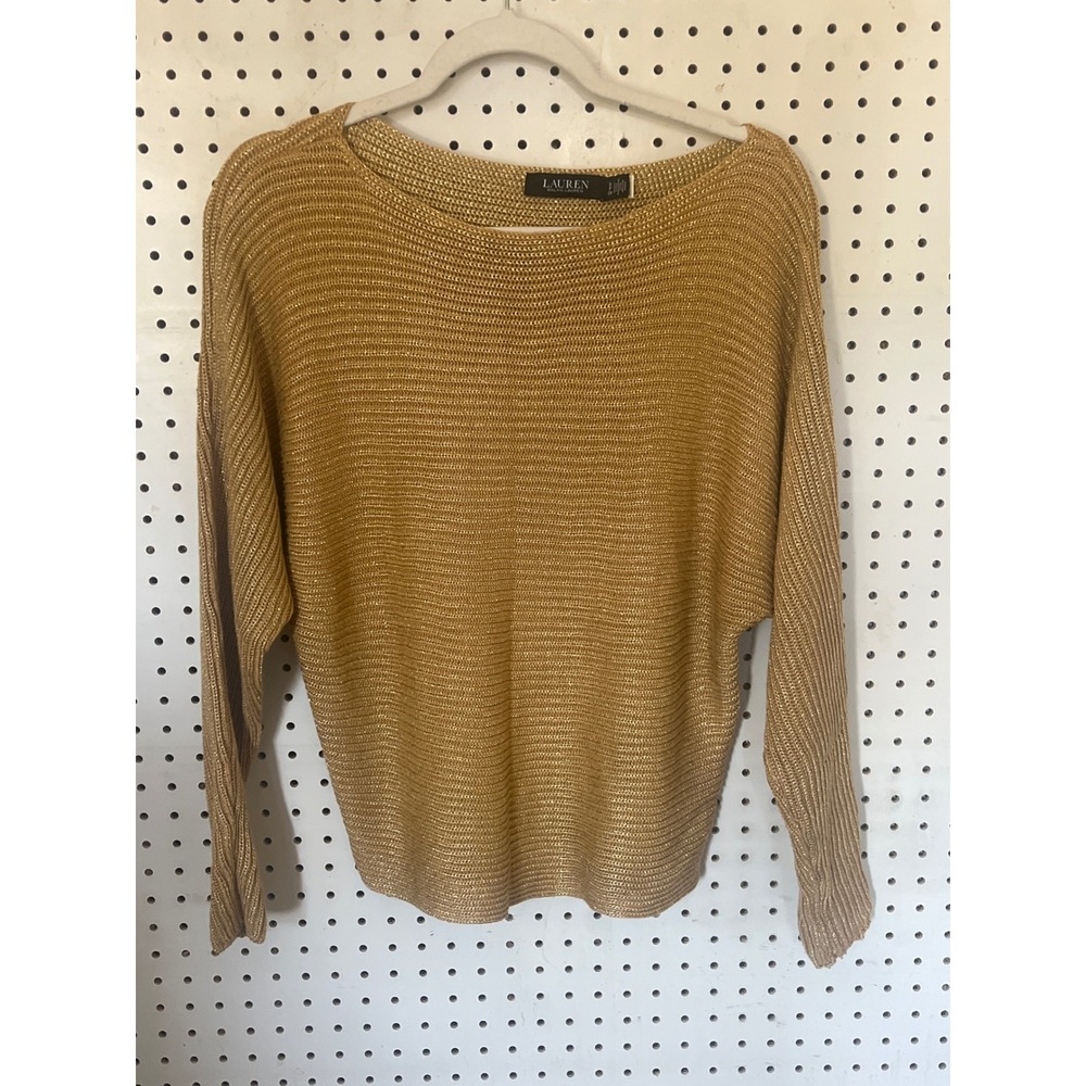 Lauren Ralph Lauren Womens Gold Metallic Knit Dolman Sleeve Sweater Small